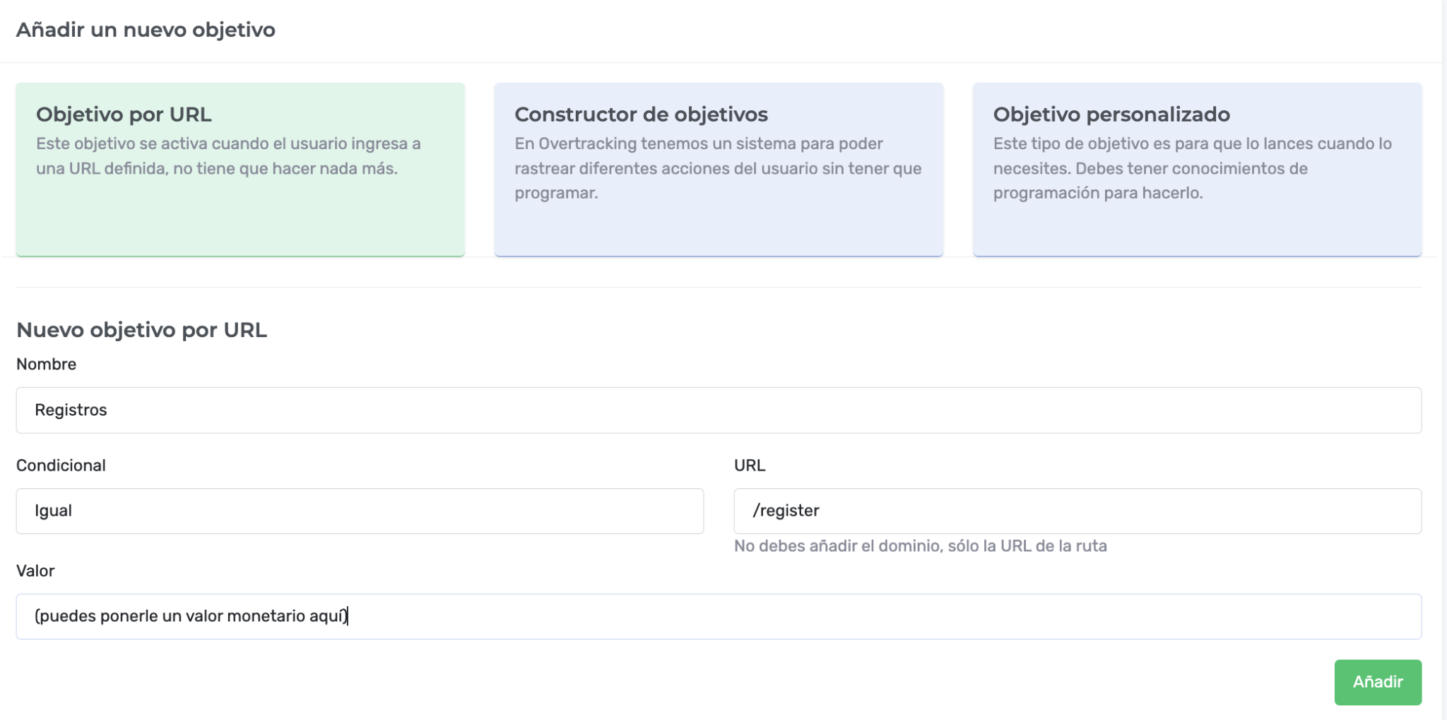agregar objetivo por url